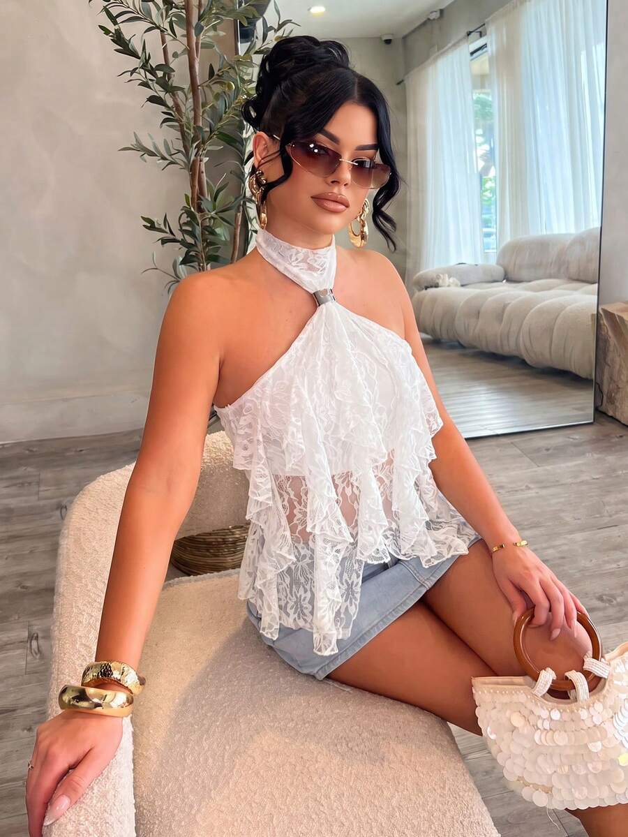 Dayanna Comas Atasan Wanita Elegan dengan Kerah Tegak dan Trim Ruffle Berlapis-lapis, Atasan Kasual Musim Panas - Putih - View 1