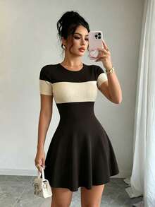 Elenzga Women's Round Neck Colorblock Casual Daily Short Dress - Brown - View 5