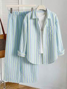 SHEIN 青少年女孩條紋長袖單排扣襯衫與長褲休閒套裝 - 彩色 - 查看 2