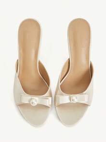 CUCCOO CHICEST Nouvelles chaussures à talons hauts pour femmes à bout rond, sandales à talons aiguilles, nœud en perles, tissu satin, couleur abricot, mode élégante, pour rendez-vous, fête, mariage, printemps et été - Nude - Voir 2