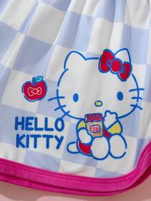 HELLO KITTY AND FRIENDS | SHEIN 少女卡通印花條紋拼接圓領T恤與格紋短褲套裝 - 白色 - 查看 7