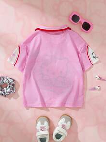 HELLO KITTY AND FRIENDS | SHEIN 1 buah Kaos Anak Perempuan Gaya Sporty yang Menyenangkan, Lengan Pendek Berkerah dengan Motif Kartun Leopard dan Bintang. - MultiWarna - View 2