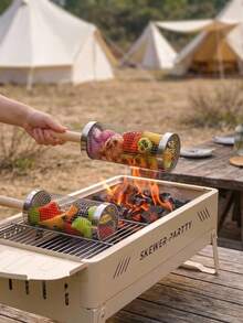 Cirelle 1PC Rolling BBQ Grilling Basket With Long Wooden Handle, Stainless Steel Mesh Cylinder Barbecue Basket, Rotating BBQ Drum Rack For Outdoor Grilling, Camping Picnic Accessories - round - View 2