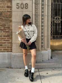 Women Stitch Detailed Front Button Stripe Pattern Cardigan - Apricot - View 4