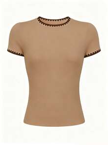 INAWLY Women's Light Coffee Color Fitted Round Neck T-Shirt Fashion Shell Lace Trim Short Sleeve T-Shirt Top - Multicolor - View 4