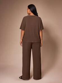 Lazeform Conjunto de Pijama Casual Plus Size Feminino Ultra Macio e Fofinho em Cor Sólida para Loungewear - Café - Visão 2