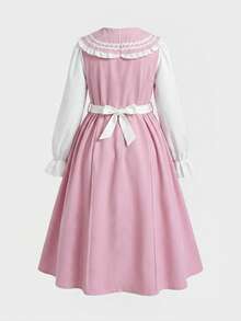 Tween Girl Colorblock Bow Decor Patchwork Ruffle Hem Long Sleeve Preppy Dress School Pinafore - Pink - View 5
