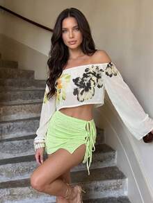 SHEIN Unity Women's Fall Going Out Outfit, Fitted Waist, Sexy Beige Light Green Watercolor Floral Print Long Sleeve Drop Shoulder Cover-Up, Sequin Skirt - Multicolor - View 6