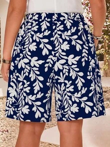EMERY ROSE Plus Size Women's Texture Striped Elastic Waist Drawstring Pocketed Straight Shorts For Summer - Navy Blue - View 2