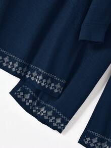 Rusticease 大尺碼女款幾何刺繡缺口V領長袖上衣與長褲寬鬆兩件套秋季 - 藏蓝色 - 查看 5