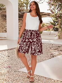EMERY ROSE Shorts rectos con textura a rayas, cintura elástica con cordón y bolsillos para mujer de talla grande - Burdeos - Ver 3