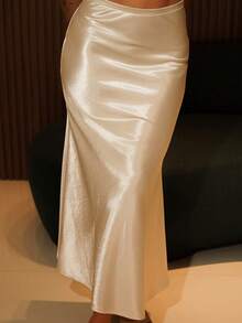 Vivi Wanderley Rok A-Line Wanita dengan Tekstur Satin, Pakaian Musim Gugur - Aprikot - View 4