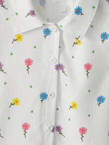SHEIN 女童新款花卉印花襯衫，領口長袖寬鬆休閒上衣，適合日常、優雅、度假、通勤，清新風格 - 白色 - 查看 7