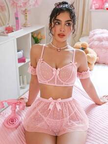 SHEIN 浪漫蕾絲可愛裙裝套裝 4件組 - 粉色 - 查看 5