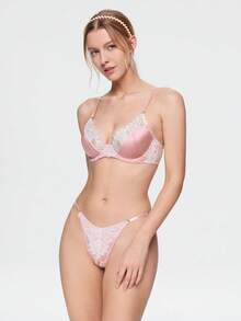 Bonmuse Women's Satin Lace Lingerie Set, Underwire Bra And Thong, Sweet Floral Eyelash Lace Lingerie - Pink - View 4