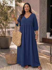 SHEIN CURVE+ 大尺碼 V 領七分袖海軍藍紋理布料長版寬鬆洋裝，2026 冬季 22W - 藏蓝色 - 查看 6