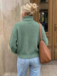 SHEIN Cottnline Women's Solid High Neck Dropped Shoulder Loose Casual Sweater, Autumn/Winter,Long Sleeve Tops, Knit Pullover Fall - Olive Green - View 2
