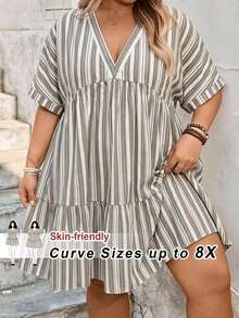 SHEIN CURVE+ 大尺碼極簡風 V 領豹紋 A 字版夏季洋裝，Curve Plus，Hoho Vacation，女款陽光洋裝／沙灘套裝／沙灘洋裝／海邊度假套裝／海邊必備／畢業洋裝／茶會洋裝／夏季／鄉村風／海邊度假套裝／沙灘套裝／沙灘穿搭 - 彩色 - 查看 5