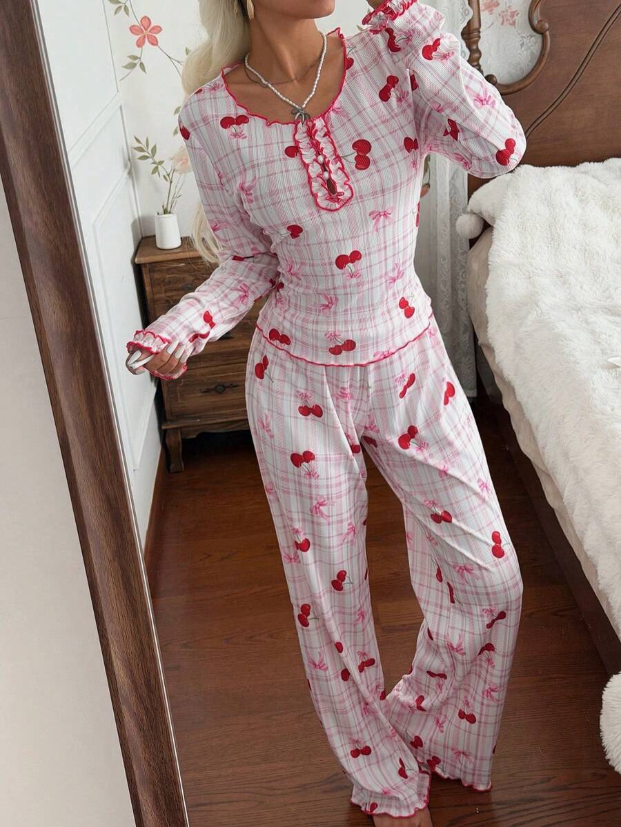 CottageSlumber Women's Plaid Cherry Bow Print Frill Trim Round Neck Long Sleeve Pants Pajama Set - Pink - View 1