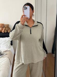 Napfluff CURVE Napfluff CURVE 女款休閒拼色拼接半拉鍊領長袖上衣與寬腿褲大尺碼居家服套裝 - 卡其色 - 查看 3