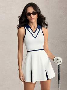 Activina Set da donna con abito sportivo senza maniche con colletto polo bianco + pantaloncini sportivi aderenti - Bianco - Visualizzare 9