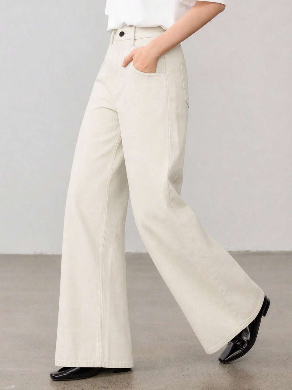 High Waist White Solid Color Button Loose Wide Leg Casual Cotton Denim Jeans For Women