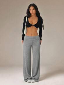 SHEIN PETITE Dark Grey High Waist Wide Leg Loose Casual Sporty Pants Lounge Summer - Dark Grey - View 5