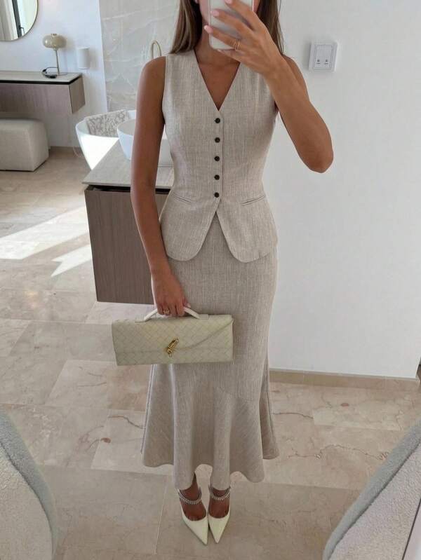 Aloruh Set de 2 piese pentru femei, elegant, pentru naveta la birou, cu vestă, fără mâneci, și fustă cu talie înaltă, cu coadă de pește
