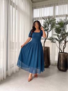 Modelyn Women's French Elegant Square Neck Petal Sleeve Textured Pleated Chiffon Patchwork Long Dress Plus Size - Teal Blue - View 3