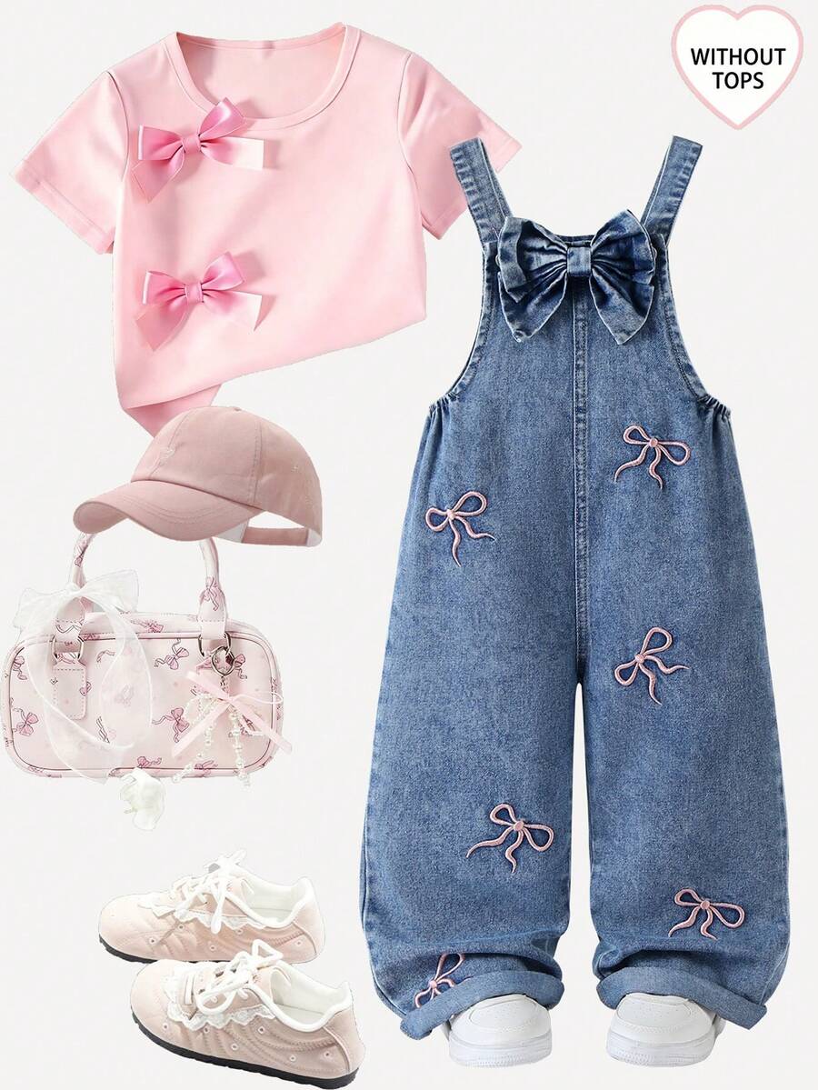 SHEIN Genkimix Kids 女童时尚百搭牛仔背带裤，春夏秋冬皆宜，复古中蓝色牛仔布，裤身饰有多个粉色蝴蝶结刺绣，正面饰有大蝴蝶结，宽松直筒裤型，面料柔软舒适，适合日常外出和上学穿着。