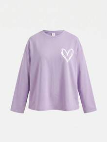 SHEIN Girlism 青少年女孩愛心圖案印花圓領長袖T恤與百褶長褲套裝 - 紫色 - 查看 4