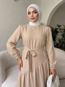 Dazy Plus Khaki Round Neck Loose Long Sleeve Tie-Front Elegant Commuter Mid-Length Dress, Spring/Autumn New Style - Khaki - View 7