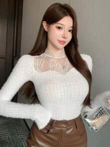 DAZY 秋冬白色刷毛抓絨鏤空蕾絲拼接宴會婚禮返校節慶優雅長袖女款T恤 - 白色 - 查看 3