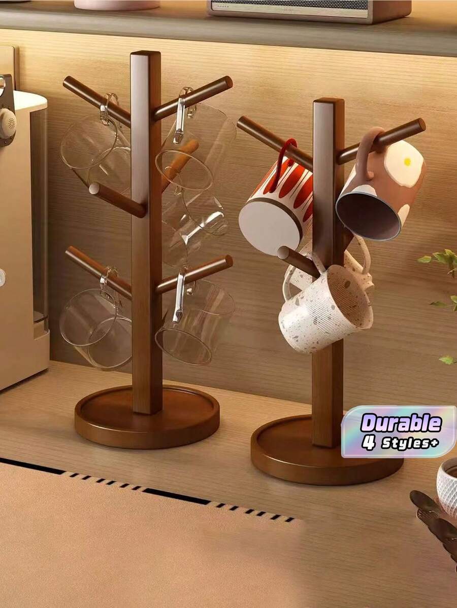 Brown-Colored Mug Tree-Shaped Storage Rack, Slip-Resistant And Stable, Sturdy Bamboo Coffee Cup Hanger With Hooks, Thick Base/Tabletop Coffee Cup Holder, Suitable For Tables, Coffee Areas, Kitchens, Versatile Storage. - Multicolor - View 1