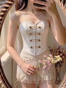 SHEIN MOD 女款純色時尚百搭日常穿搭抹胸上衣 - 杏色 - 查看 2