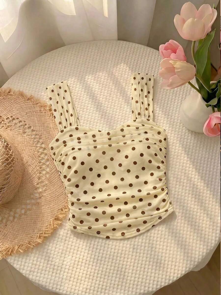 SHEIN MOD 女款波點圖案抓皺粗肩帶背心 - 淡黃色 - 查看 1