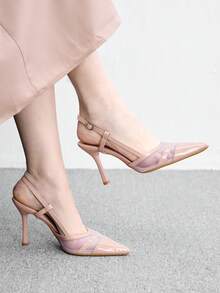CUCCOO BIZCHIC 女款緞面網格拼接露跟高跟鞋，尖頭雙帶細跟鞋 - 藕粉鏡面 - 查看 5
