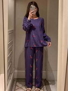 DAZY Ensemble de pyjama 2 pièces pour femmes avec Top à manches longues imprimé floral & pantalon long à jambes droites - Prune - Voir 3