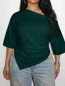 Slaydiva 2026 Spring/Summer Women's Plus Size Solid Color Asymmetric T-Shirt - Dark Green - View 1