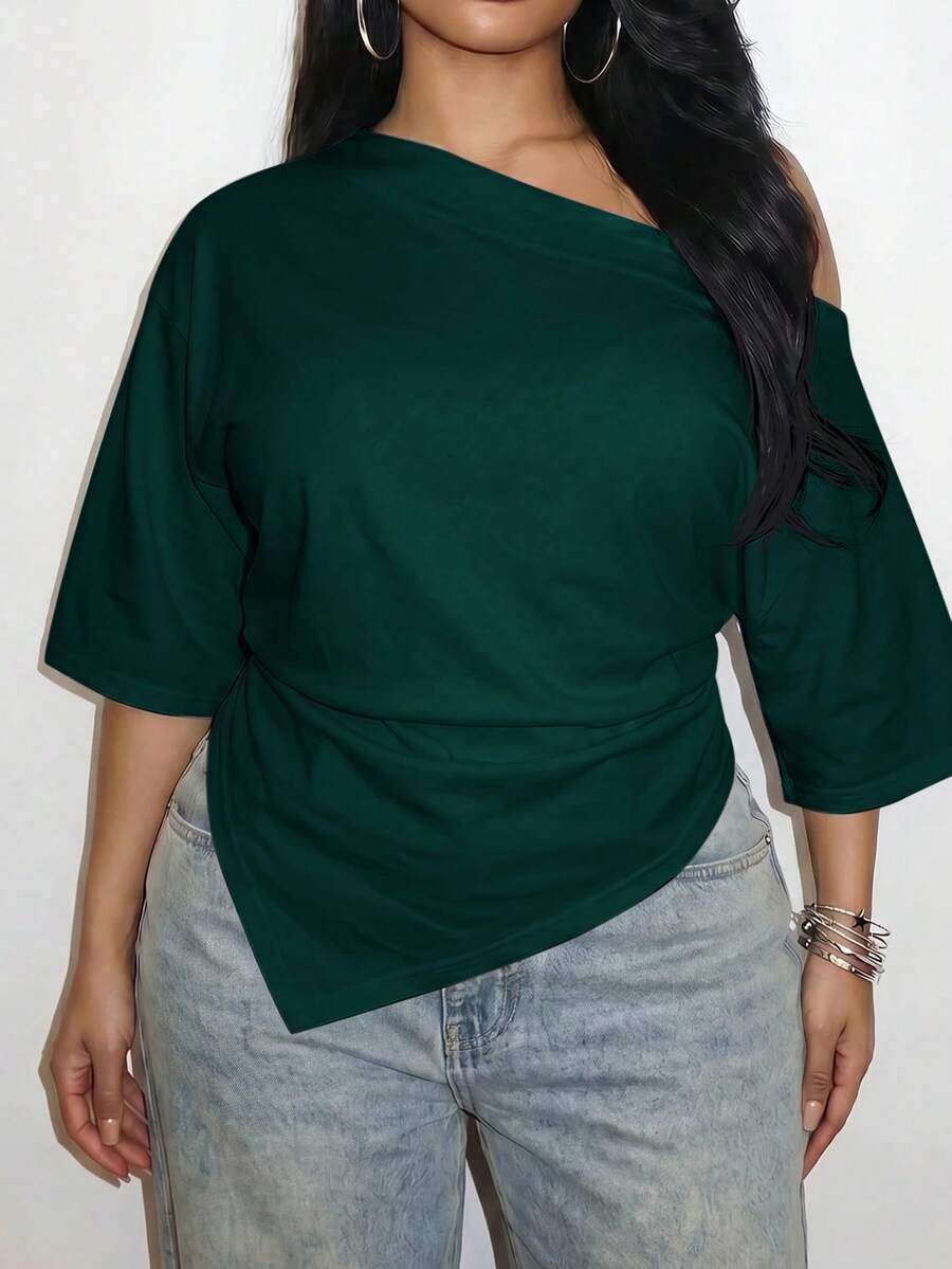 Slaydiva 2026 Spring/Summer Women's Plus Size Solid Color Asymmetric T-Shirt - Dark Green - View 1