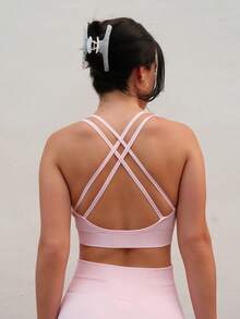 Nelanie Turli Women Plain Neck Minimalist Seamless Stretchy Sports Bra Fall - Baby Pink - View 2