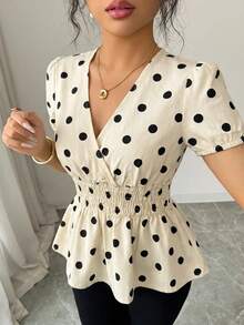 Elenzga Women's Polka Dot Pattern Waist Gathered Short Petal Sleeve Denim Top - Blue - View 4