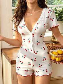 SHEIN Casual Underwear&Sleepwear 櫻桃圖案木耳邊前紐扣連體睡衣 - 白色 - 查看 3