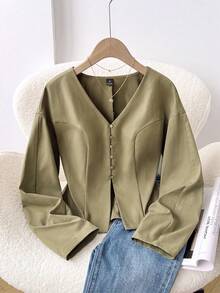 Solavon Women's Fashion Versatile Metal Button Long Sleeve Blazer Elegant - Army Green - View 1