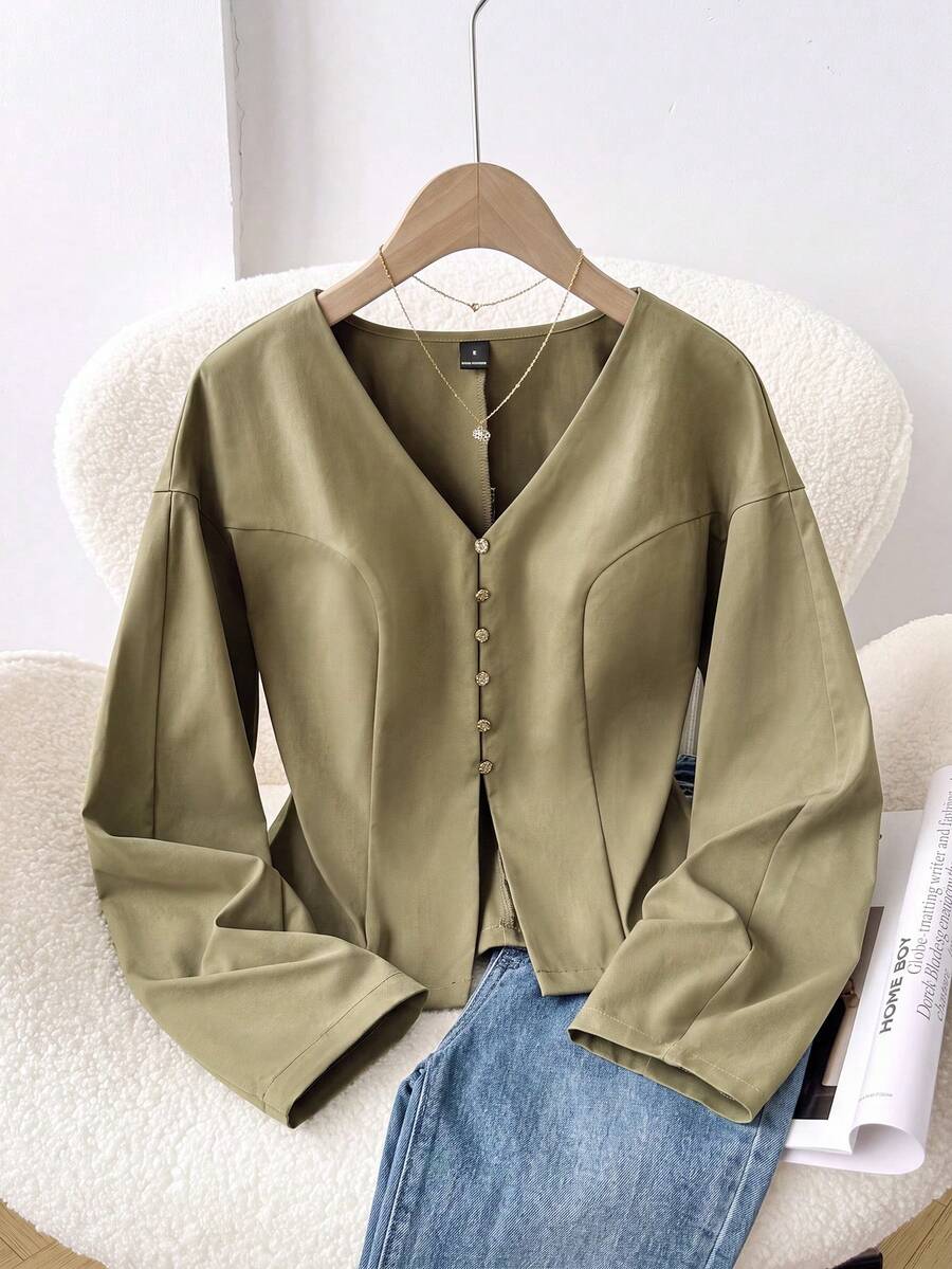 Solavon Women's Fashion Versatile Metal Button Long Sleeve Blazer Elegant - Army Green - View 1