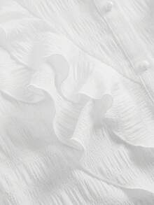 Girlism Tween女孩女童襯衫 梭織純色優雅精緻復古立領荷葉邊紋理鈕扣喇叭袖白色襯衫 開學季 - 白色 - 查看 5