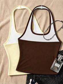 Tween Girl Tween Girl Solid Color Fitted Casual Modest Halter Tank Top Pcs Outing Office Butter Yellow Brown Summer - Multicolor - View 2