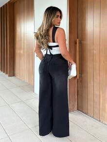 Maria Perezxox 女款口袋寬腿休閒百搭牛仔褲，黑色，秋季寬腿牛仔褲 - 黑色 - 查看 2