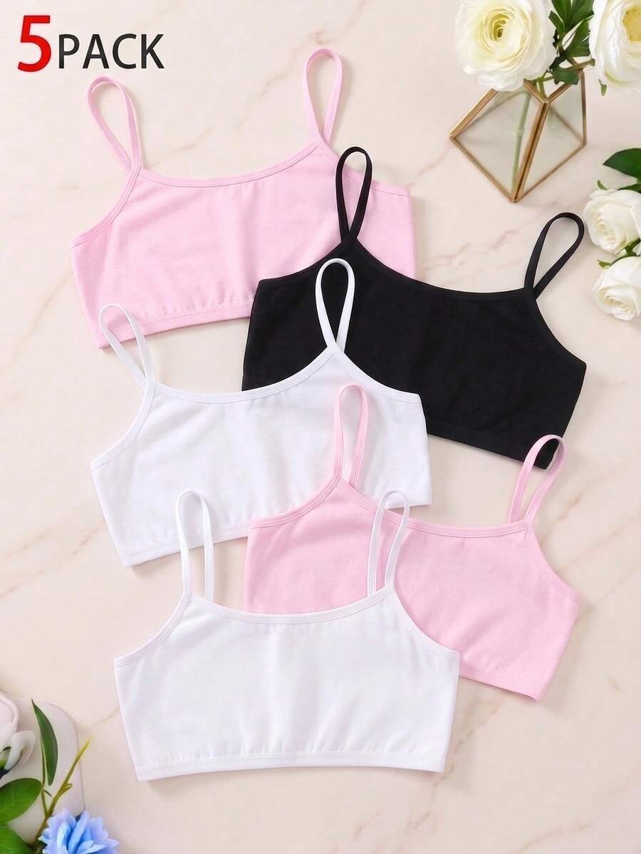5pcs/Pack Girls Sweet Camisole Tank Tops, Black White Pink Multicolor Minimalist Essential Fashion Short Innerwear - Multicolor - View 1