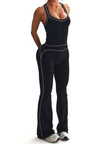 StreetHx Women's Seamless Black Tight Fit Sports 2 Pieces Set Tank Top & Flare Pants - Black and White - View 8